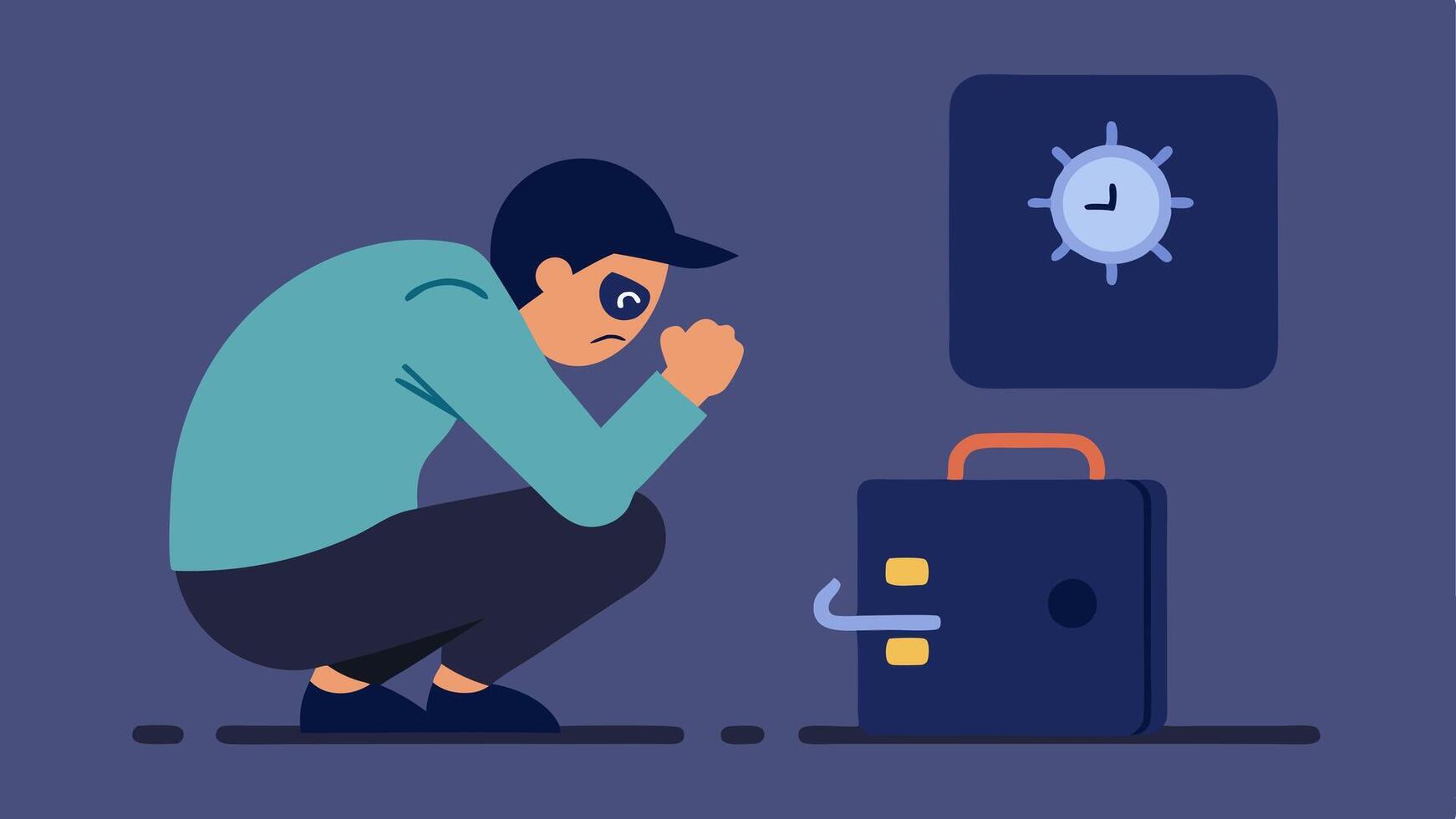 Time Pressure A nervous intruder looking at a watch while kneeling in front of a safe with sweat beads depicted on their forehead.. vector