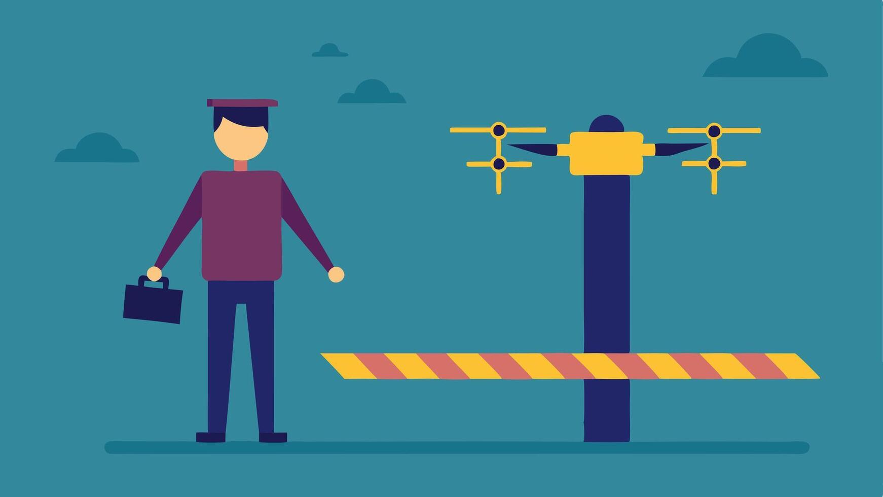 Safety Procedures An illustration depicting a spet explaining safety procedures while standing next to a drone ready for flight with caution tape surrounding the area.. vector