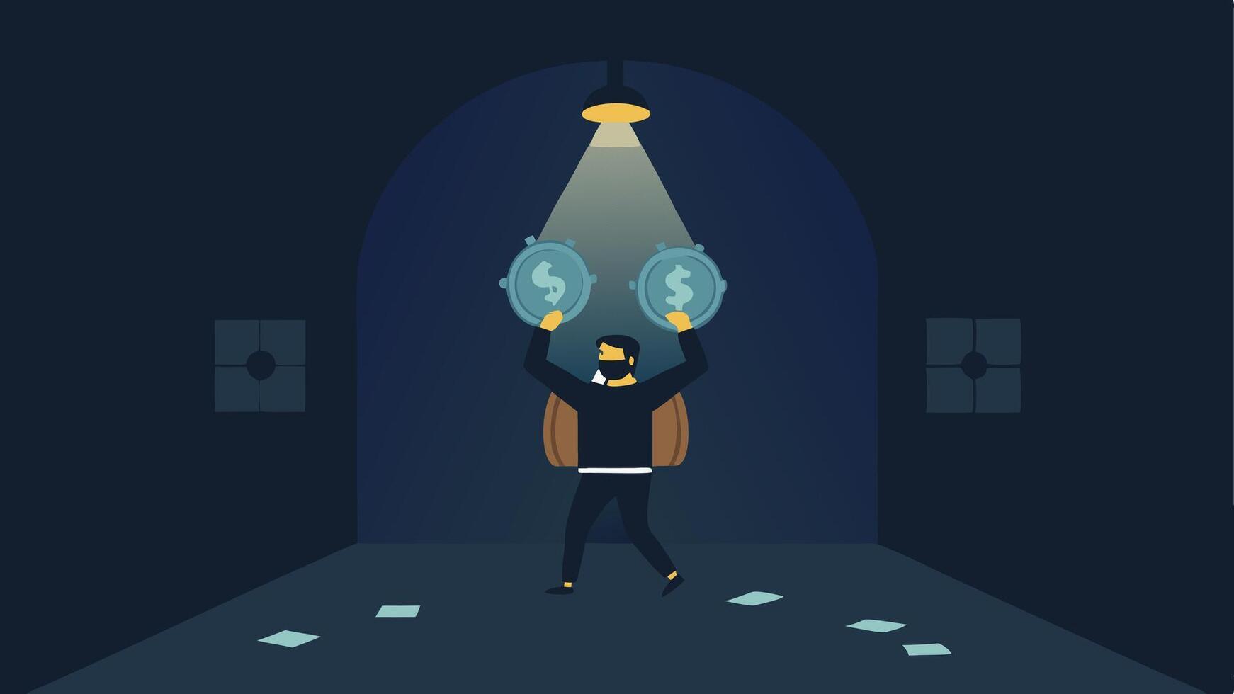 Vault Lights The inside of a dark vault is lit by overhead lights illuminating a robber struggling to lift a heavy bag stuffed with bills.. vector