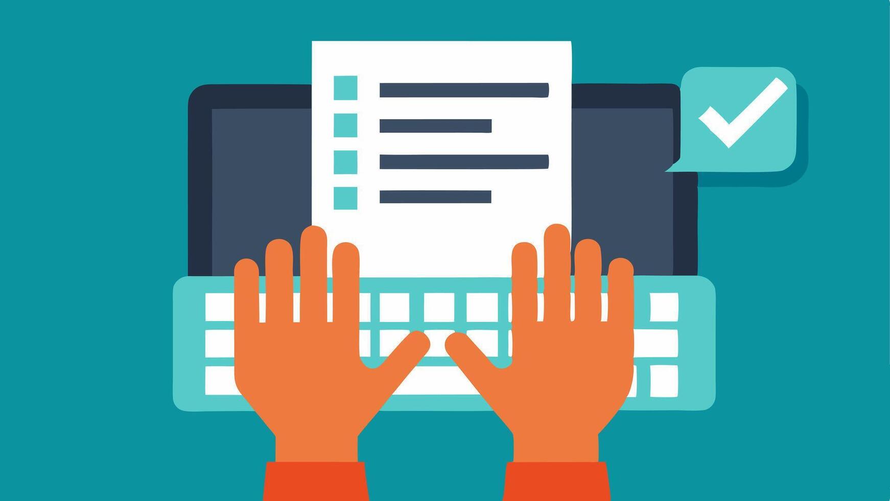 Refining Text A closeup of a writers hands on a keyboard with a floating digital checklist that shows suggestions being made by an AI tool indicating refinement of content.. vector