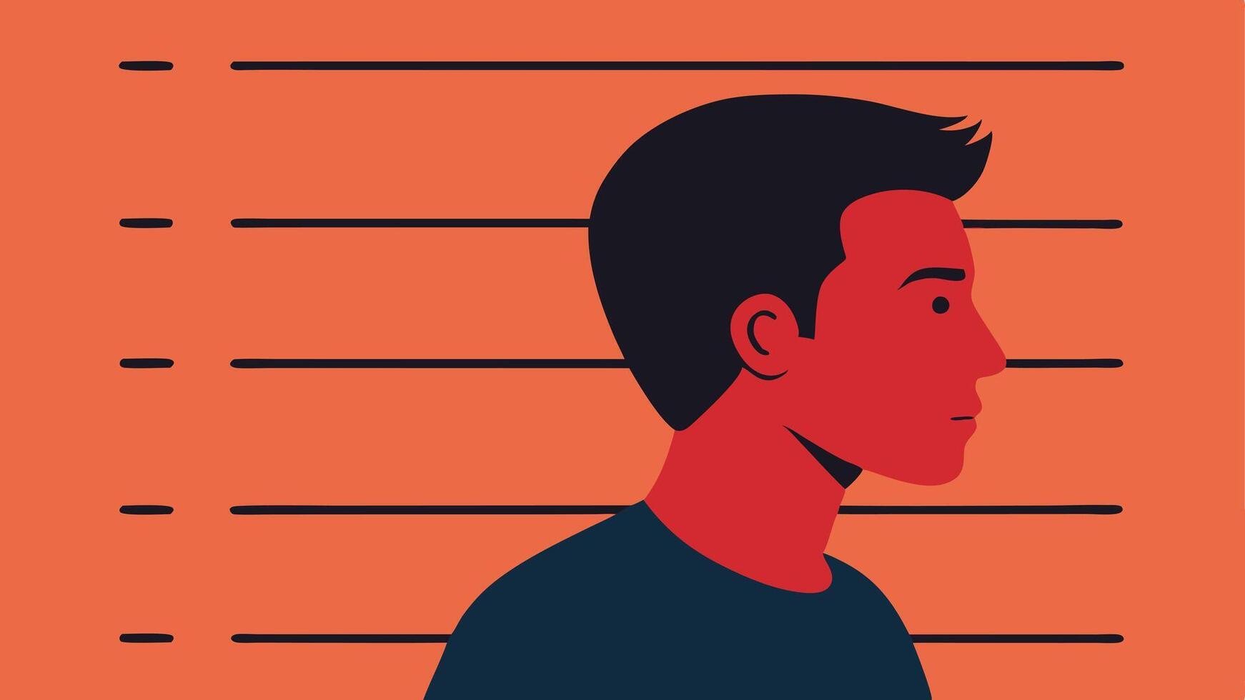 Side View Examination The suspect shown in a side profile looking straight ahead with the height chart prominently displayed behind them.. vector