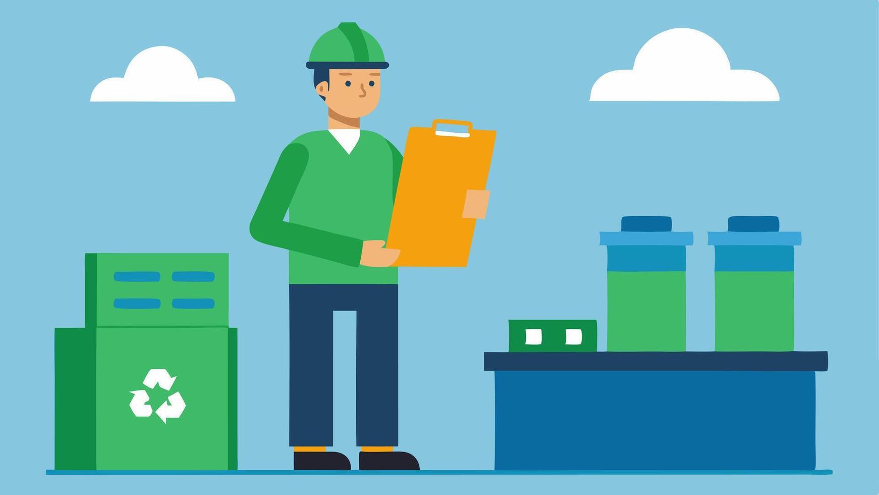 Waste Audit An expert conducting a waste audit at a factory holding a clipboard and inspecting bins of materials labeled for recycling paper and compost.. vector