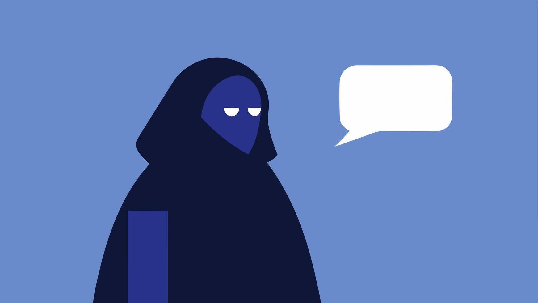 Testifying Figure A side view of a cloaked figure testifying with a shadowy face and a speech bubble showing a blurred text to indicate they are providing important information.. vector