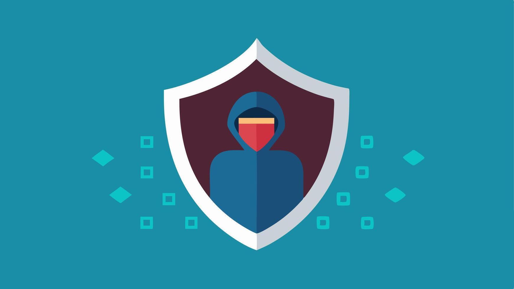 Shield with Binary Code A shield featuring binary code to represent cybersecurity with an ethical hacker analyzing the shield for potential threats.. vector