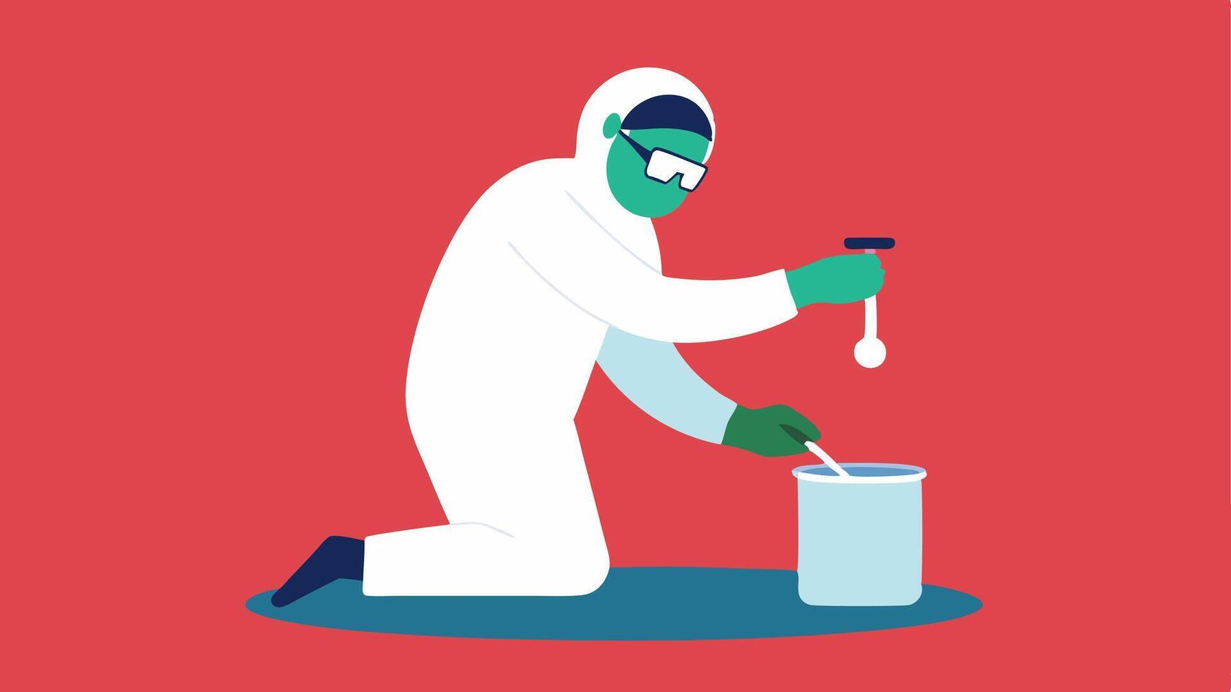 Sample Collection An illustration of a forensic toxicologist wearing gloves carefully collecting a fluid sample from a sealed container using a pipette.. vector