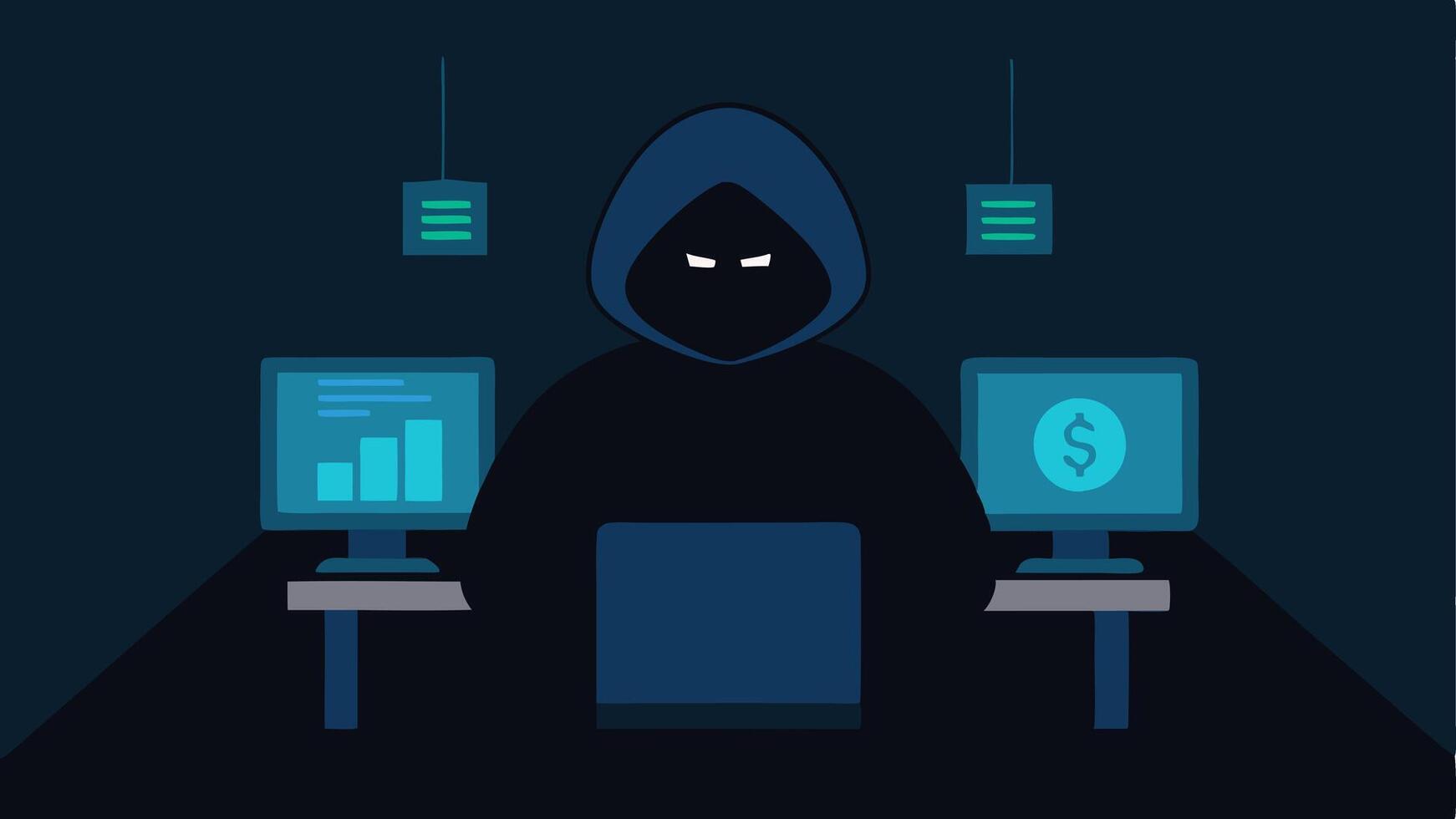 Silhouetted Hacker A dark silhouette of a hacker sitting at a computer in a dimly lit room screen glowing with code and bank symbols while wearing a hoodie.. vector