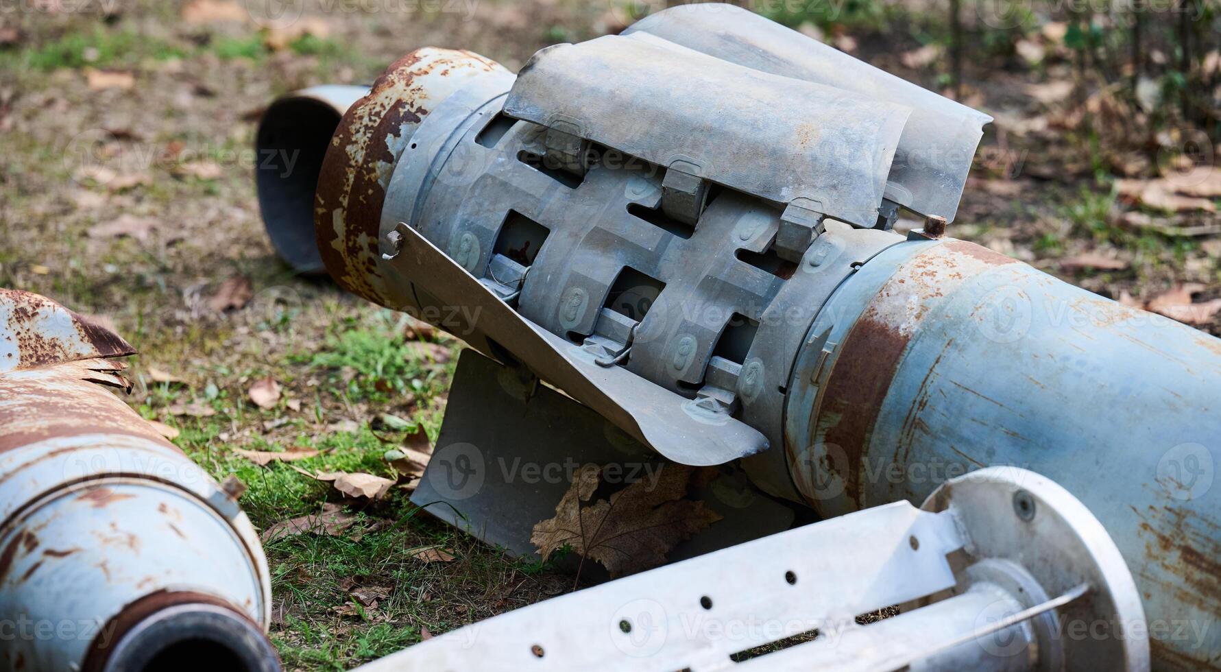 The tail section of a 220 mm rocket for the Uragan rocket fire system on a city flowerbed in Mykolaiv photo