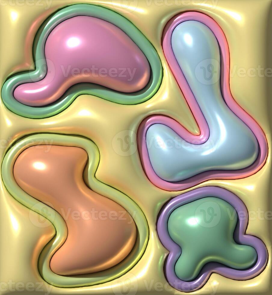 Multicolored inflated wavy shapes with smooth shiny surface on yellow background, 3D rendering illustration photo