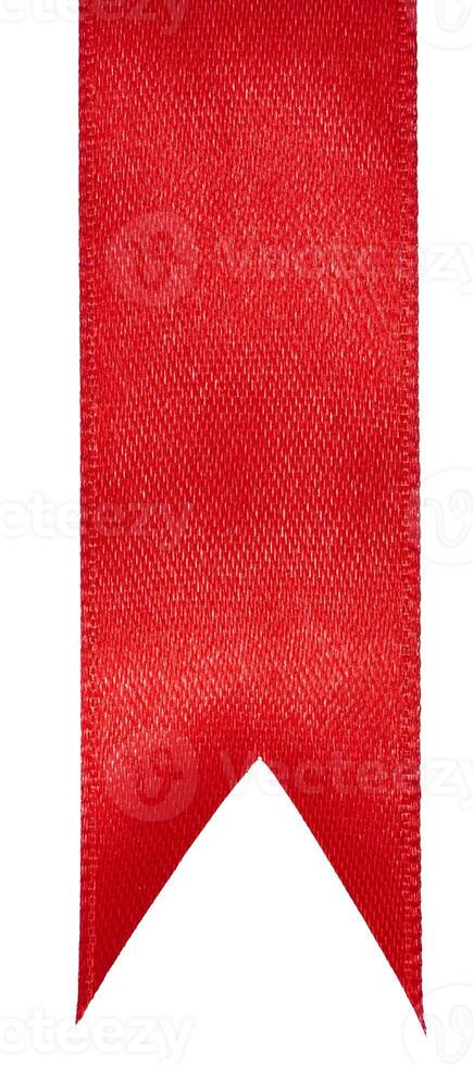 Piece of red silk ribbon with sharp end on isolated background photo