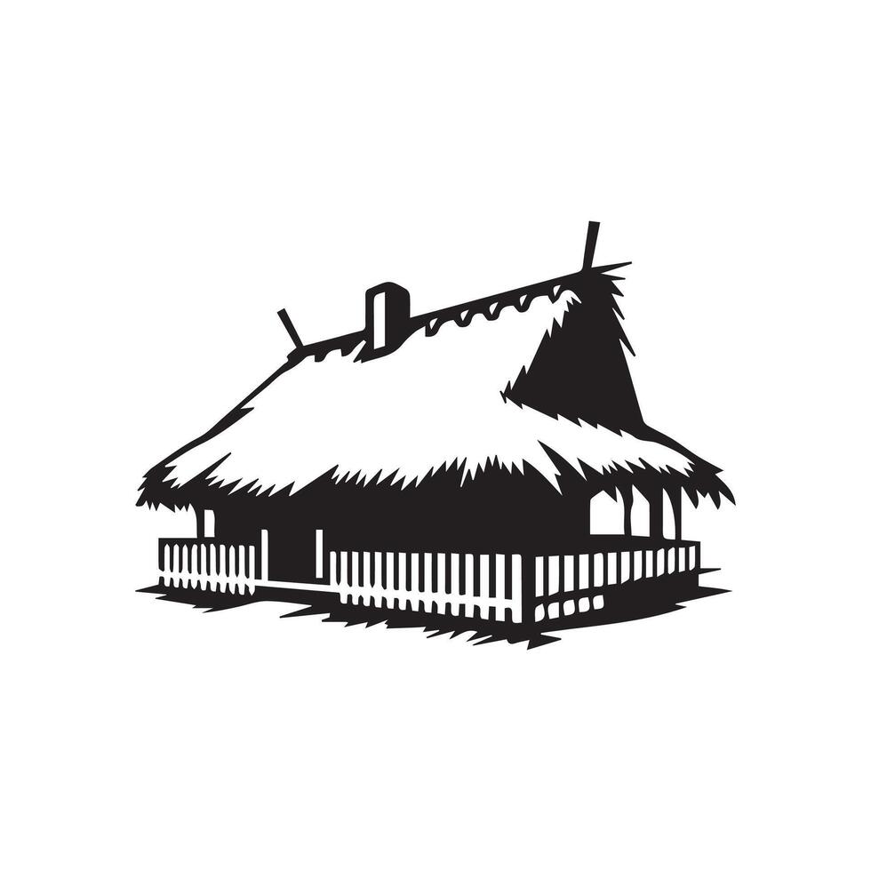 A black and white illustration of a house with a thatched roof vector