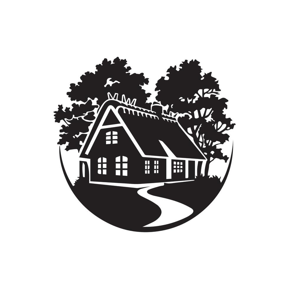 A black and white logo of a house with trees vector