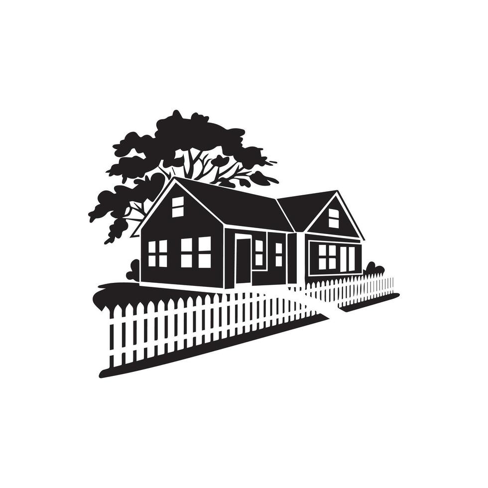 A black and white silhouette of a house with a fence vector