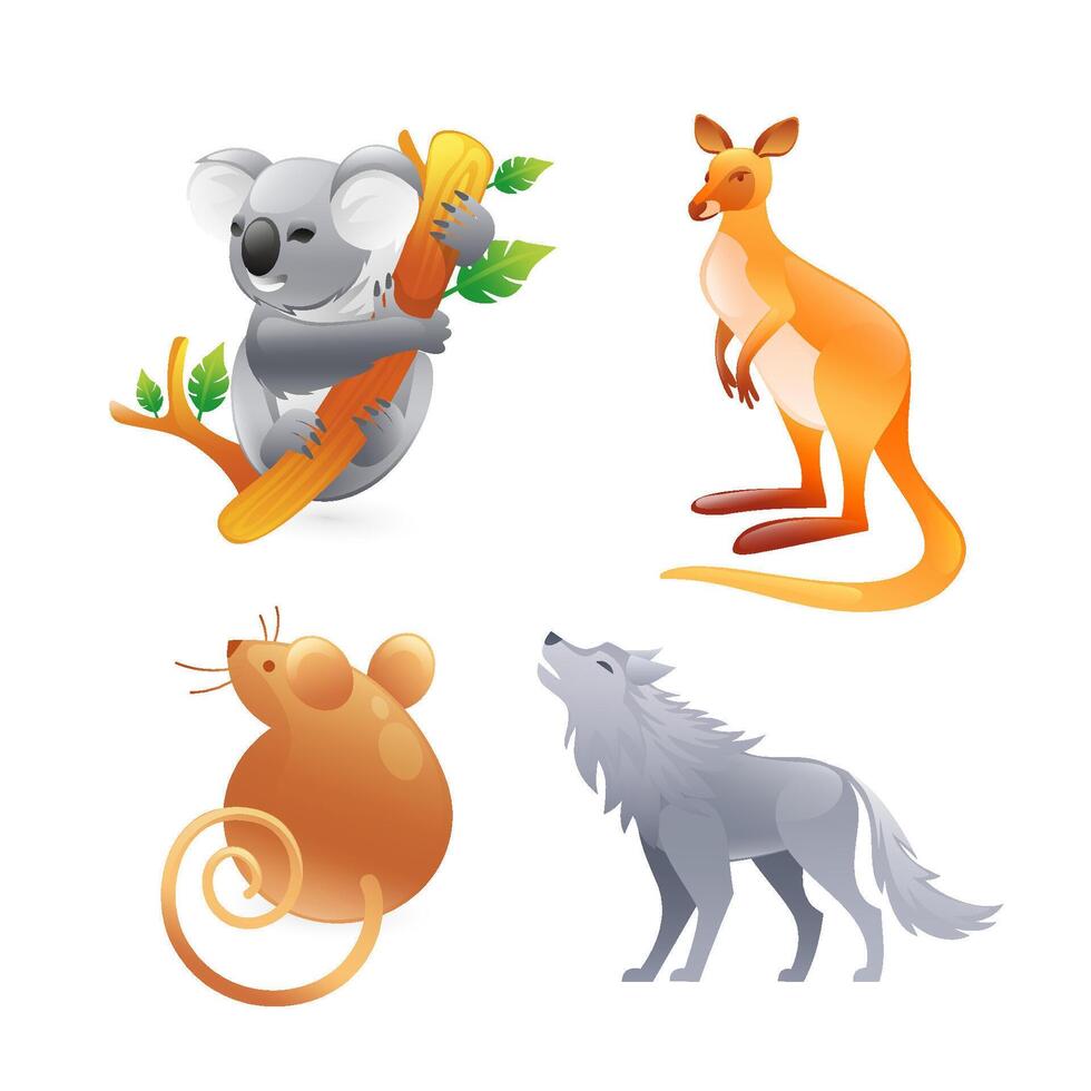 Set of illustrations of animals of Australia, koala, kangaroo, marsupial mouse, wolf, realistic in 3D style. vector