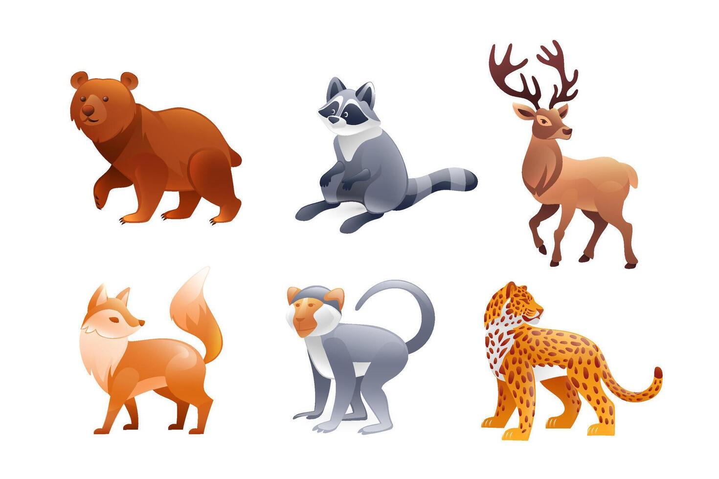 Set of illustrations animals of America, bear, jaguar, monkey, fox, raccoon, red deer, realistic in 3D style. vector