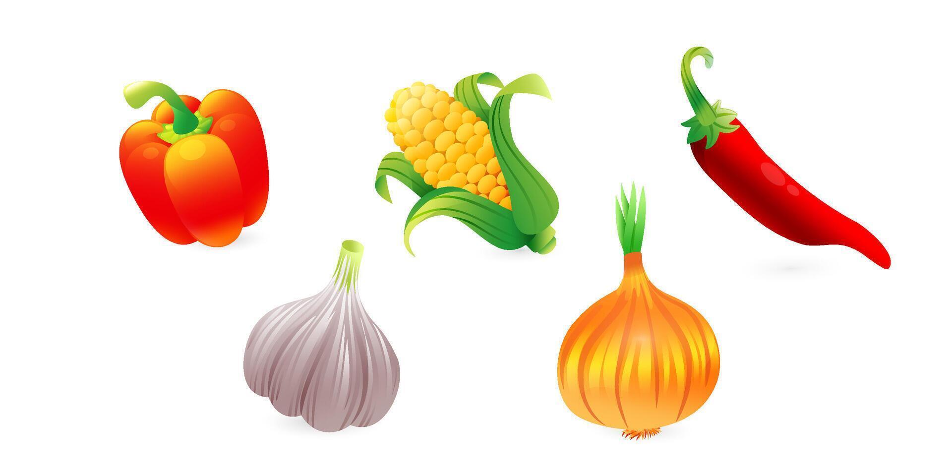 Set of illustrations of vegetables of Mexican traditional food, chili pepper, corn, paprika, garlic, onion, in realistic 3D style. vector
