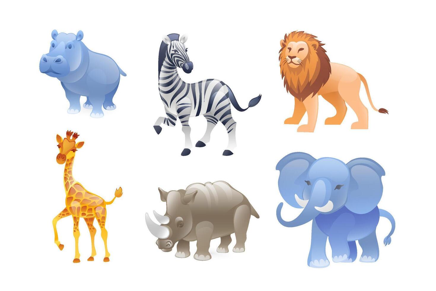 Set of illustrations animals of Africa, elephant, lion, hippopotamus, giraffe, rhinoceros, zebra, realistic in 3D style. vector
