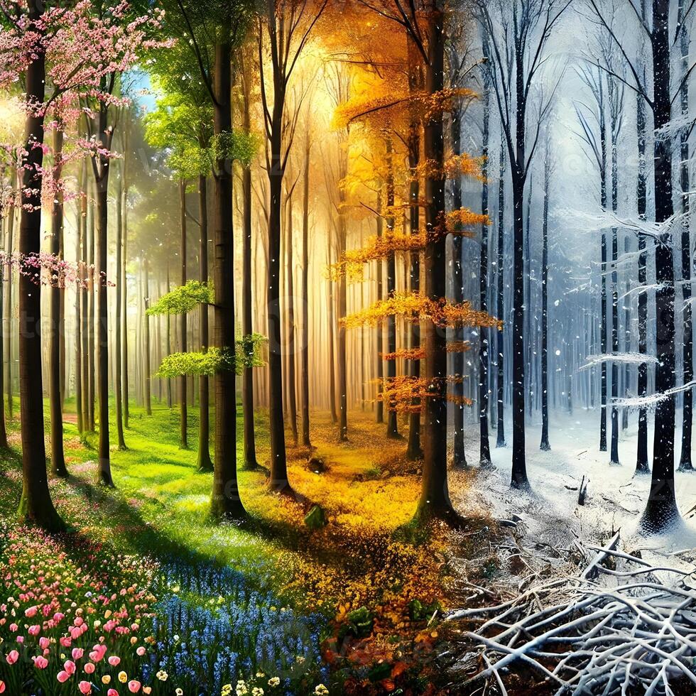 A captivating depiction of the cyclical nature of seasons, showcasing a forest transitioning through spring, summer, autumn, and winter., AI-Generateds photo