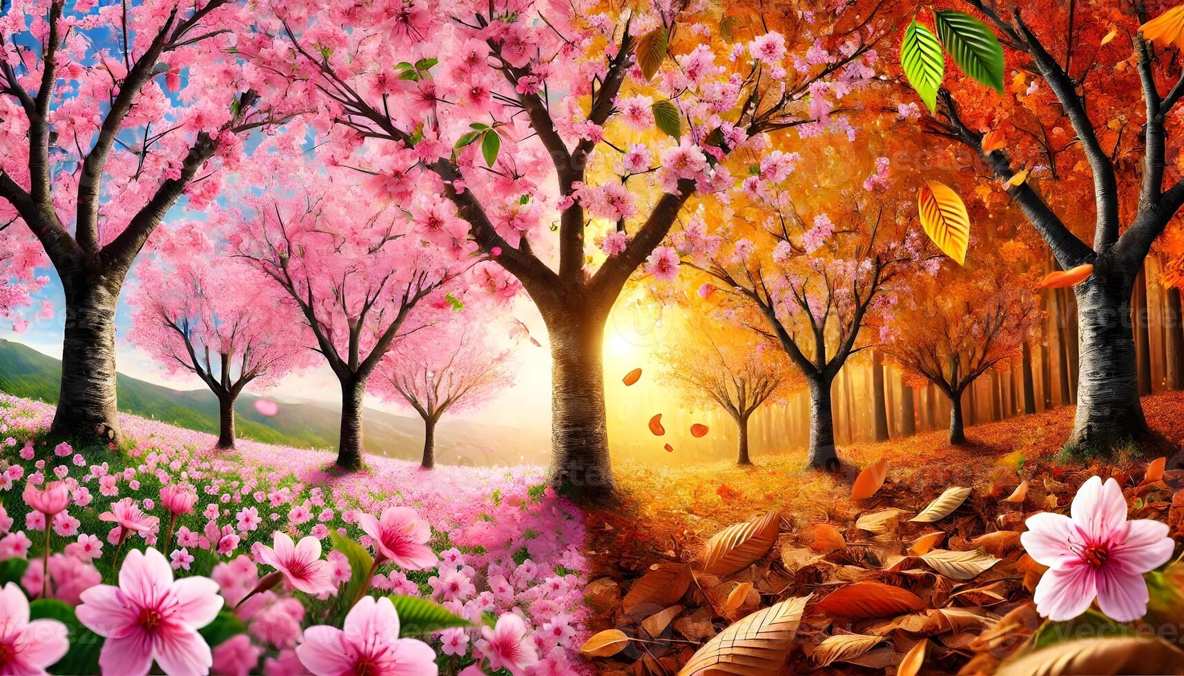 A breathtaking contrast of seasons, with a path dividing a world of pink cherry blossoms and golden autumn leaves. photo