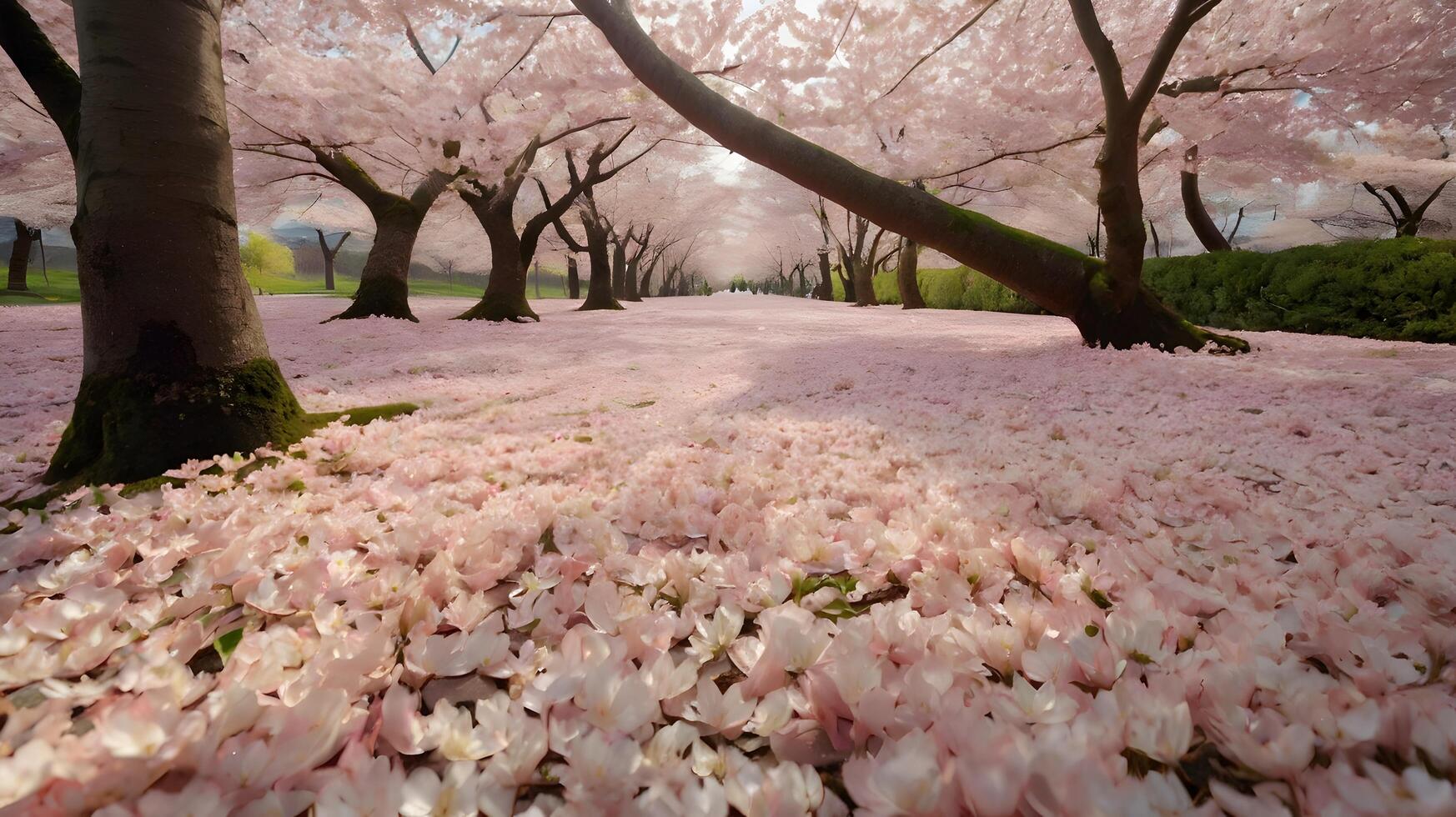 A breathtaking view of a cherry blossom tunnel, with a carpet of fallen petals beneath the blooming trees, AI-Generateds photo