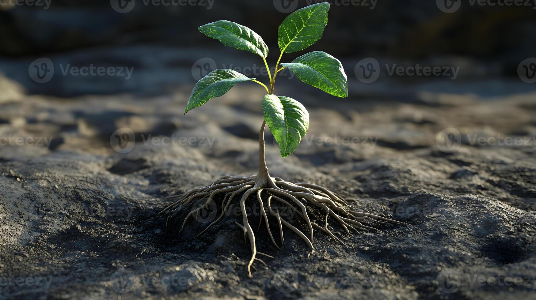 A symbol of resilience, a young plant defies the harsh terrain, its roots digging deep and its leaves reaching for the sky., AI-Generateds photo