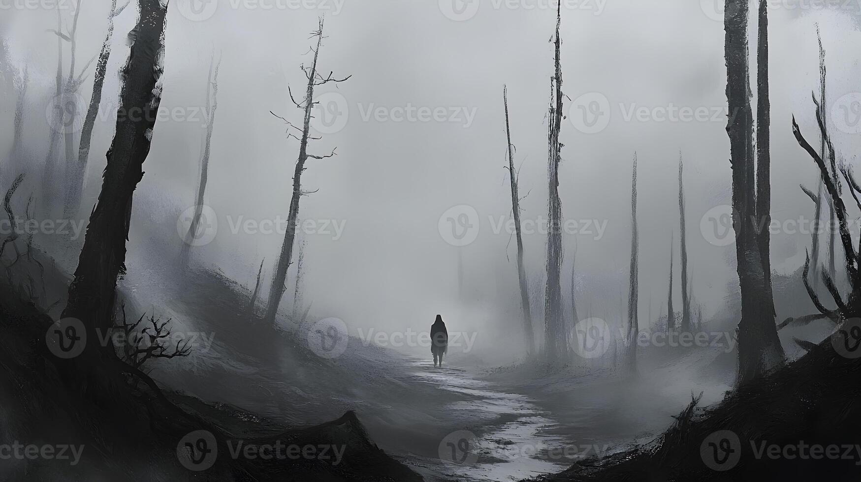A solitary figure walks through a mysterious, fog-filled forest path, surrounded by skeletal trees, It indicates loneliness and sadness, AI-Generateds photo