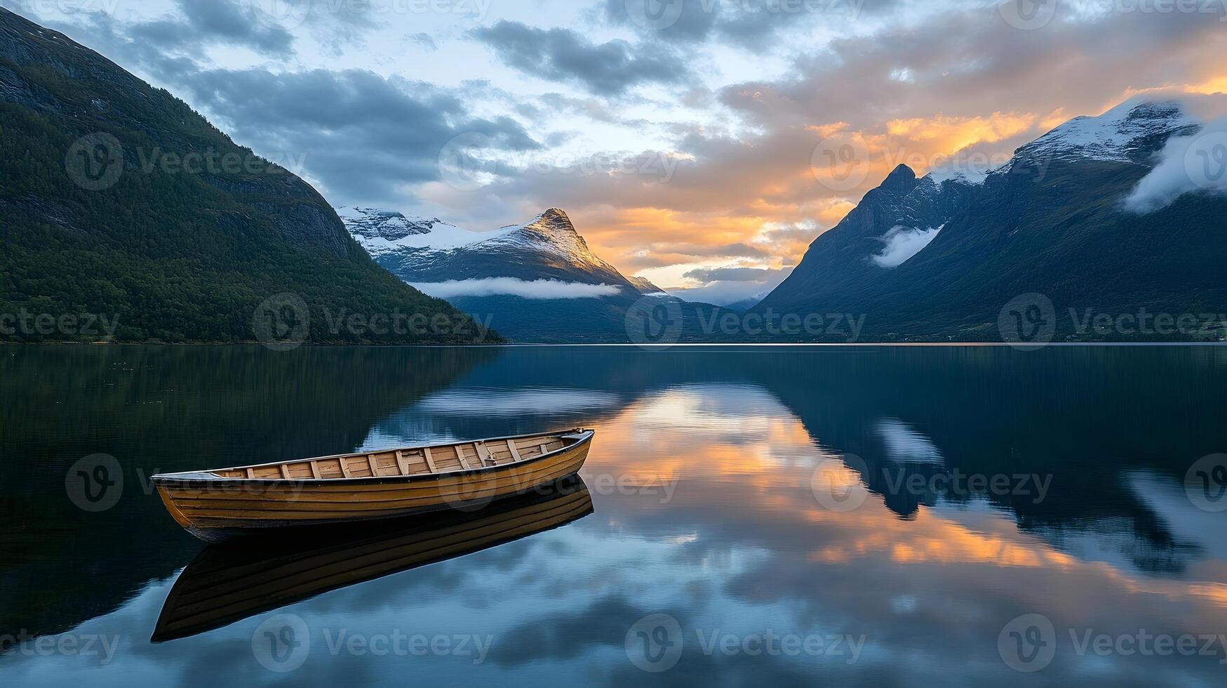 A serene landscape with a wooden boat on a calm lake, surrounded by mountains and sunset. photo