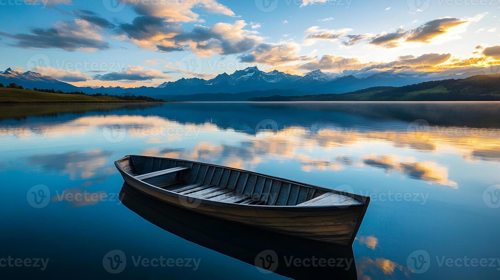 A landscape with a wooden boat floating on a calm lake, AI-Generateds photo