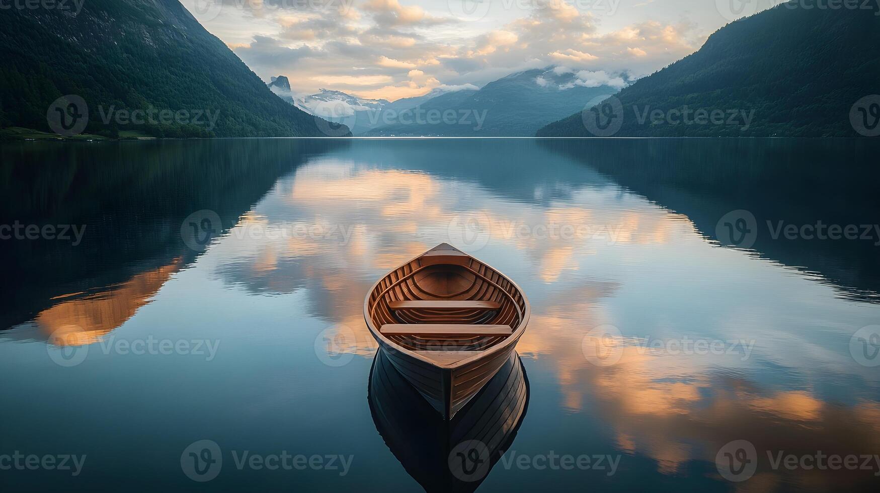 A serene landscape with a small wooden boat floating on a calm lake, surrounded by majestic mountains and a breathtaking sunset.AI-Generateds photo