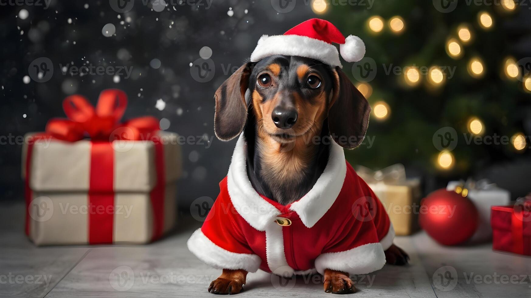A cute dachshund dressed in a Santa Claus costume, it's sitting in front of a Christmas tree, AI-Generateds photo