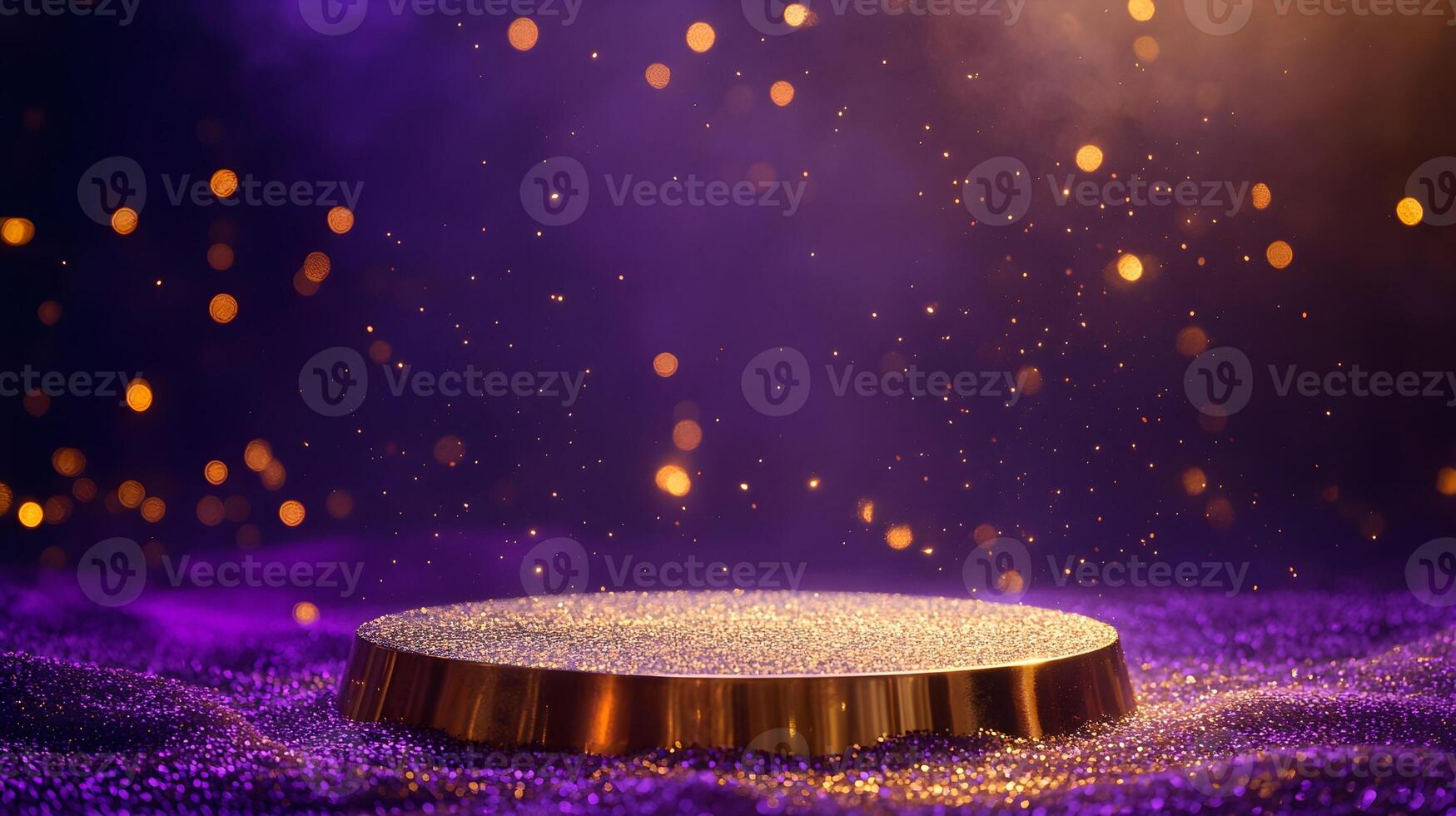 A luxury podium surrounded by glitter and illuminated by warm, golden lights on purple backgrounds, AI-Generateds photo