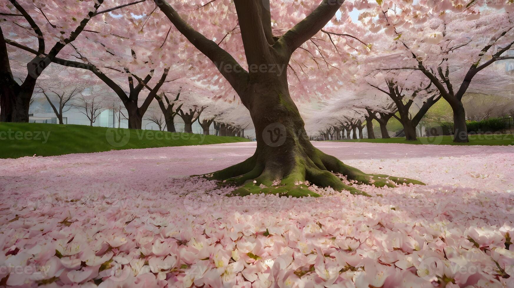 A view of a cherry blossom tunnel, with a carpet of fallen petals beneath the pink blooming trees, AI-Generateds photo