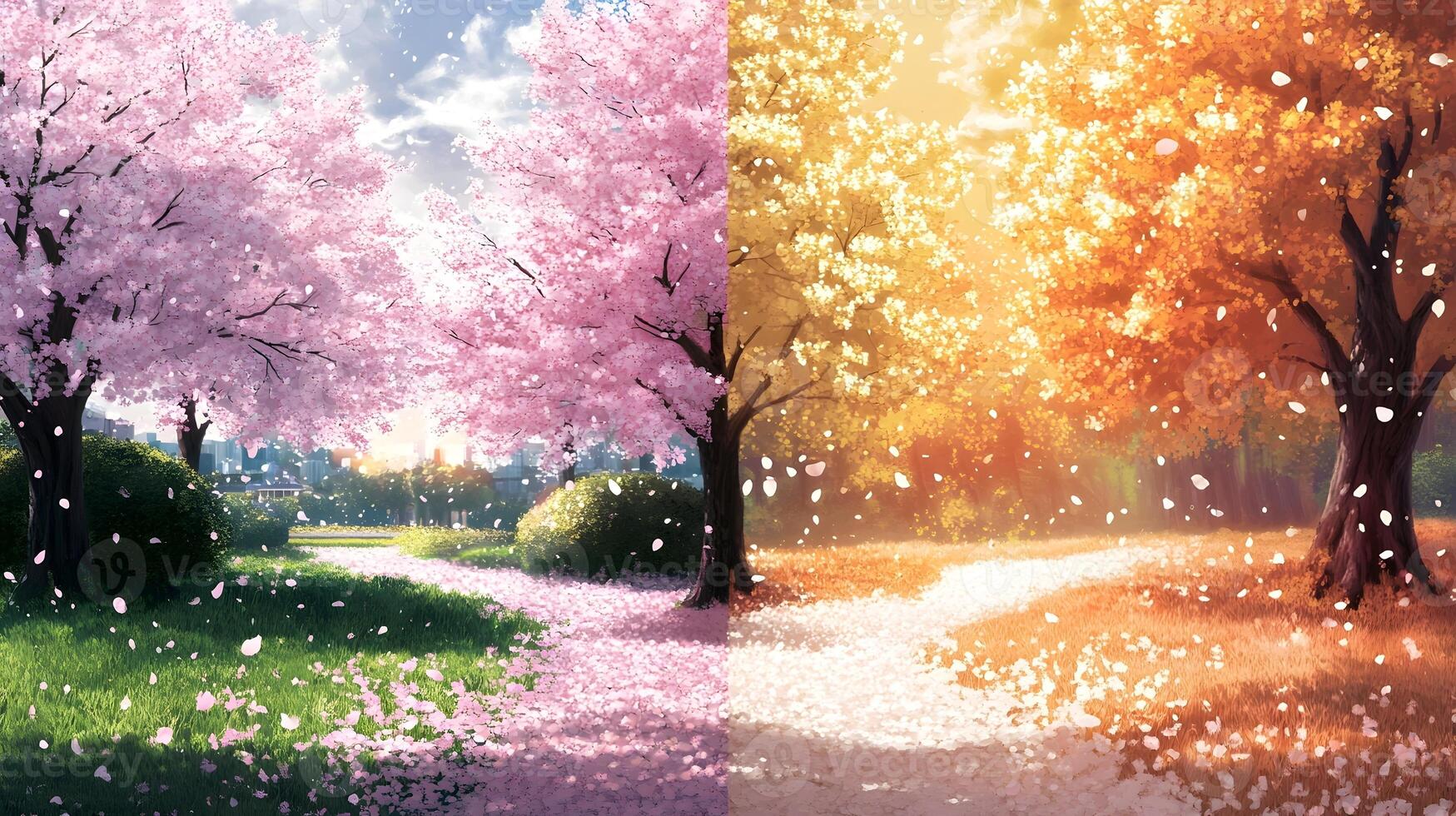 A dreamlike landscape, where spring and autumn intertwine, painting a canvas of delicate pink and vibrant gold., AI-Generateds photo