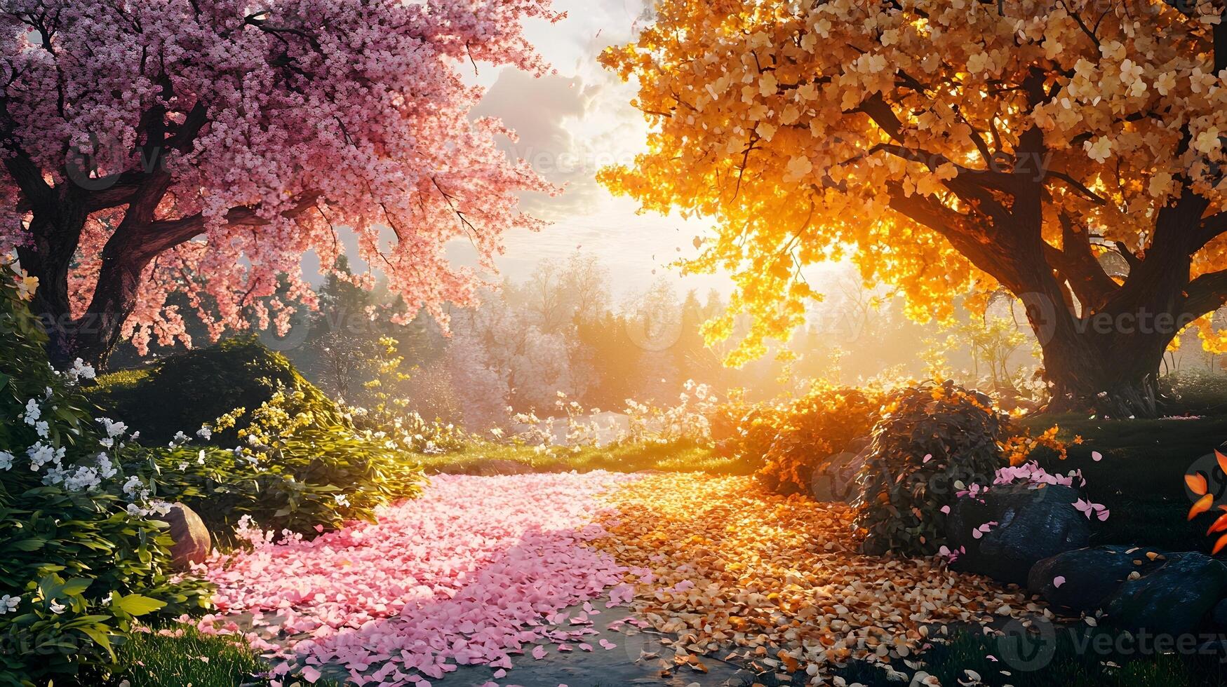 A surreal landscape with a path dividing two contrasting seasons, one side blooming with cherry blossoms and the other adorned with golden autumn leaves. photo