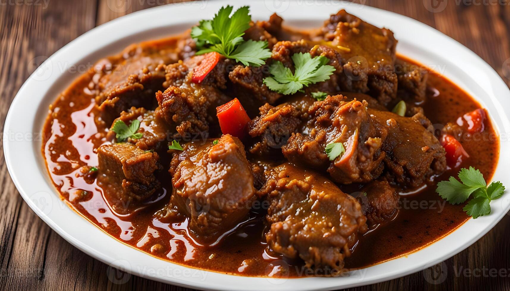 Delicious mutton curry in a white ceramic plate on a wooden background. Mutton bhuna is a popular, flavorful, and spicy Bangladeshi dish. side view photo