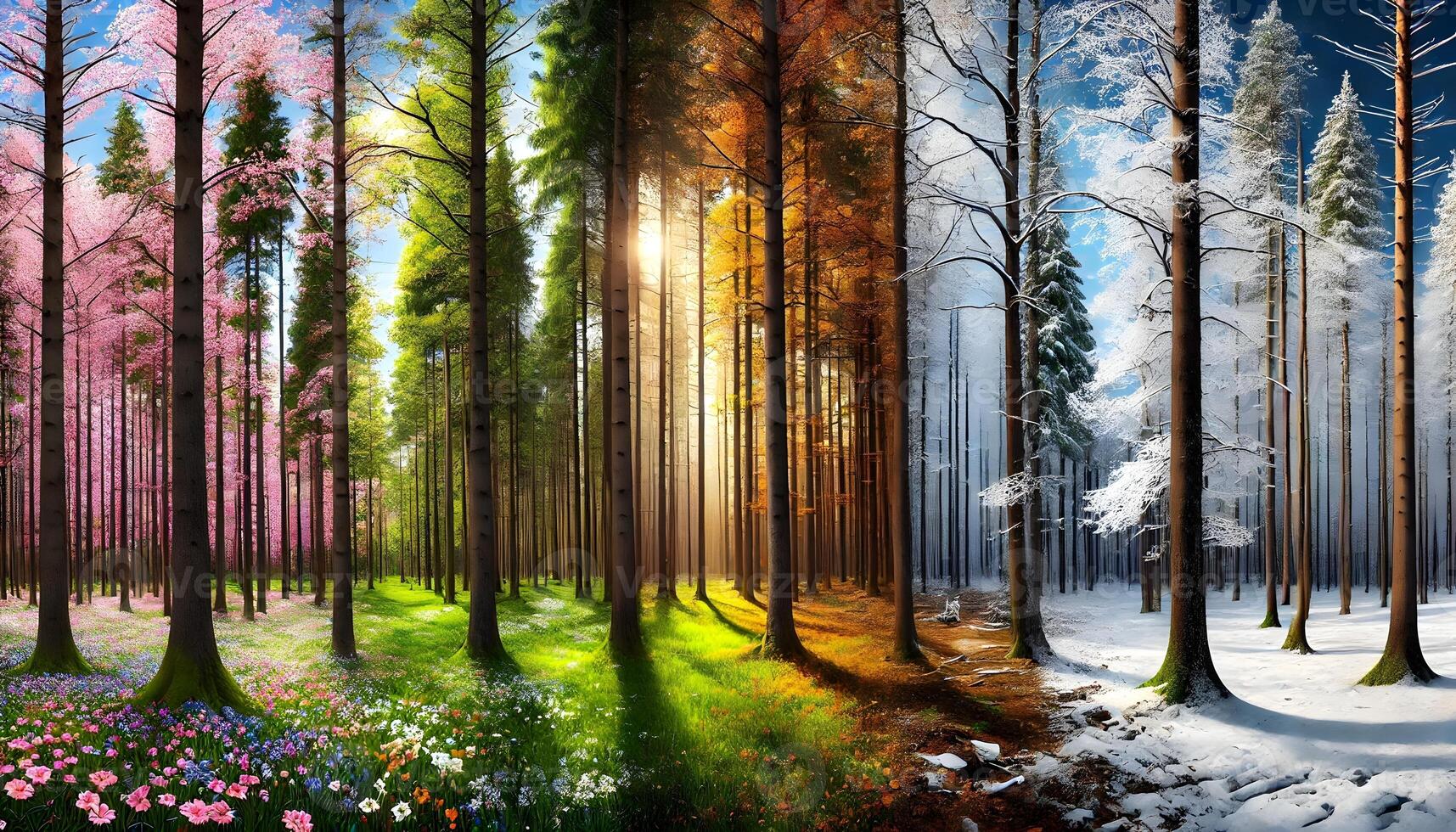 A captivating depiction of the cyclical nature of seasons, summer, autumn, and winter., AI-Generateds photo