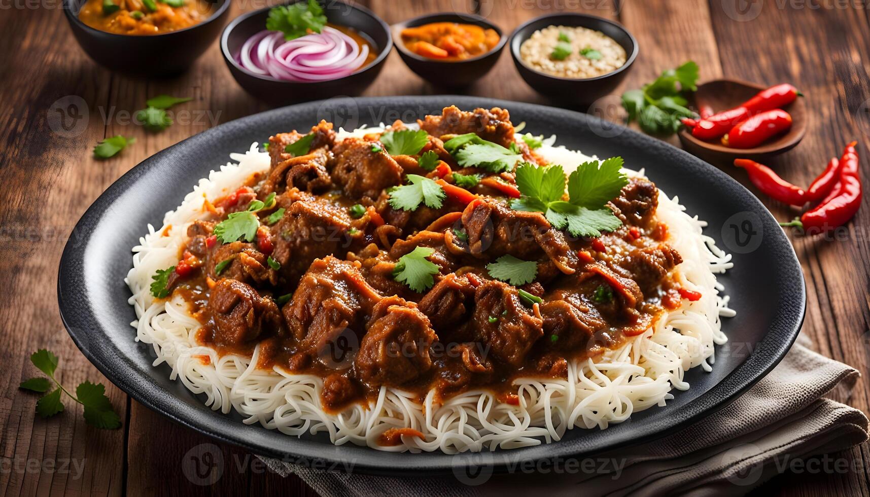 Spicy mutton karahi masala with napkin isolated on wooden table top view of indian, pakistani food photo