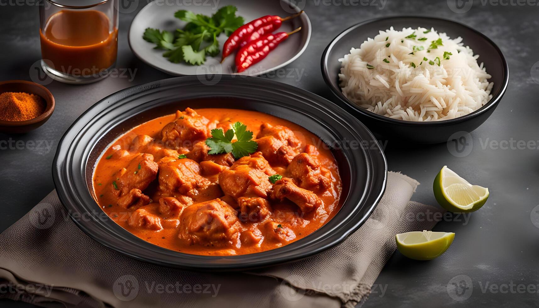 Traditional indian food Murgh Makhani or Butter chicken, tikka masala in a dish isolated on napkin side view on grey background photo