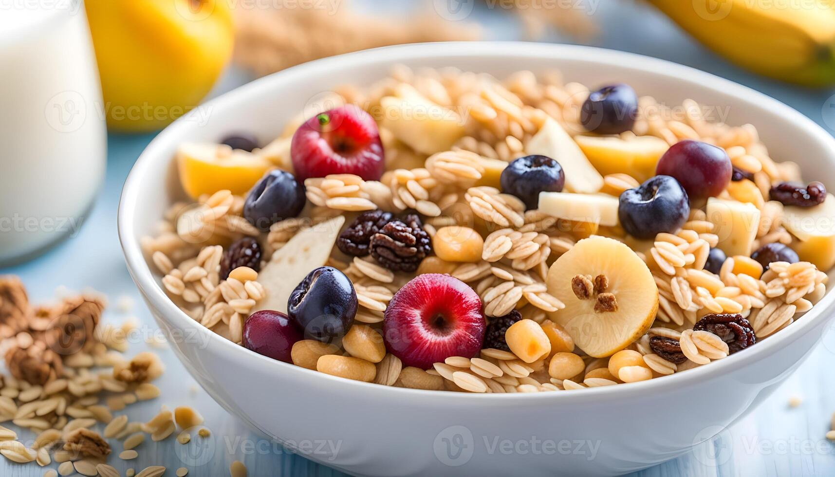Muesli fruit and fiber cereal with dry oat, corn, banana, raisin, and apple with milk on a white bowl. photo