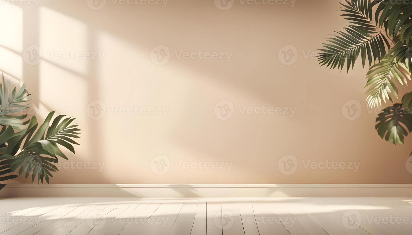 Empty cream beige room studio with shadow of leaves for product presentation. Autumn background. Summer tropical backdrop. Cosmetic showroom. photo