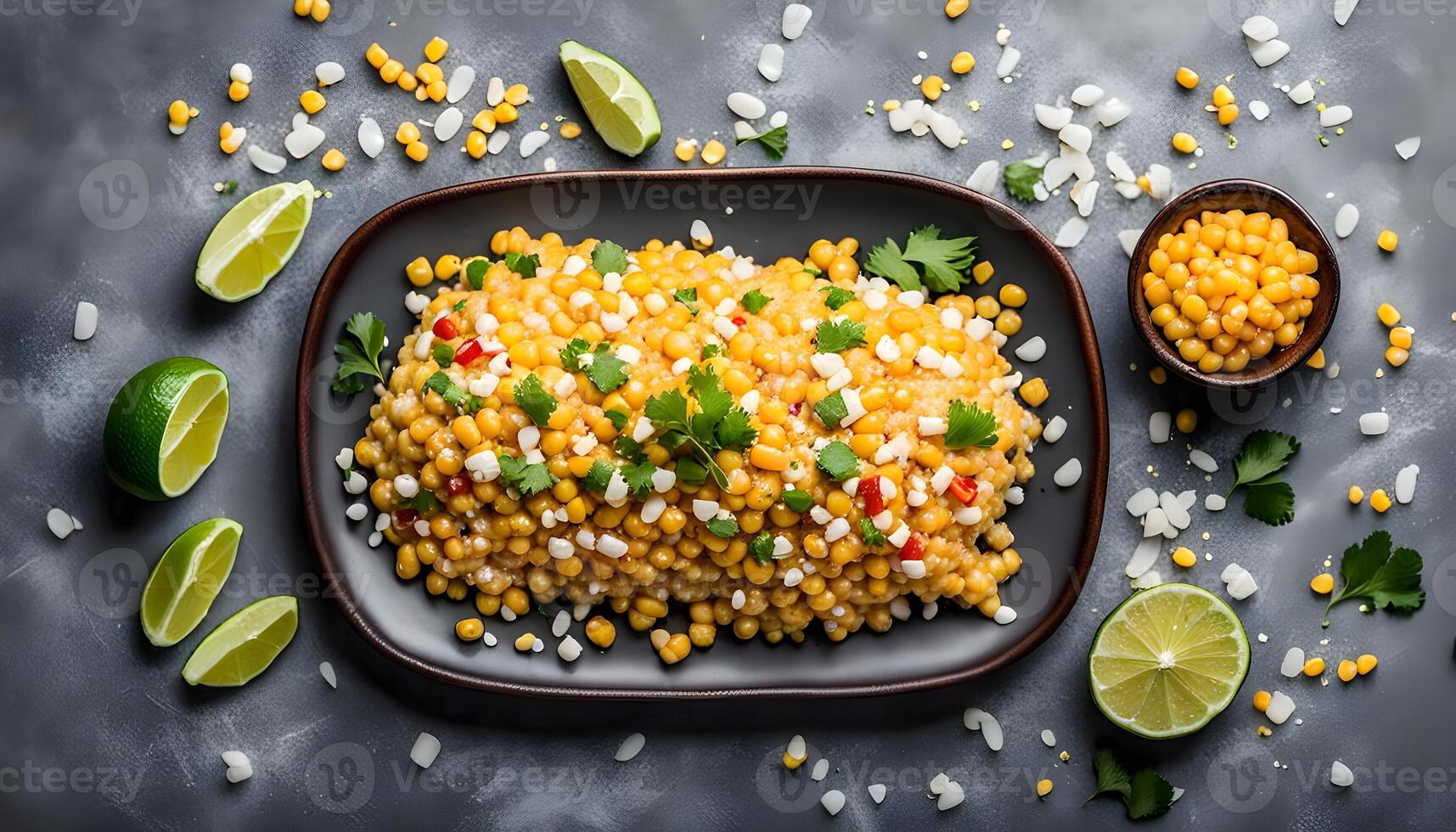 Homemade Mexican Street Corn Esquites on a Plate on a gray surface, top view. Flat lay, overhead, from above. photo