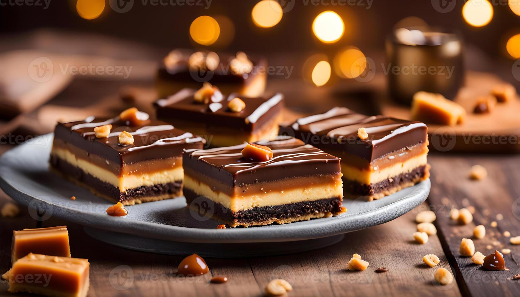 Millionaire's shortbread with chocolate and caramel. Copy space is on the right side. Selective focus. photo