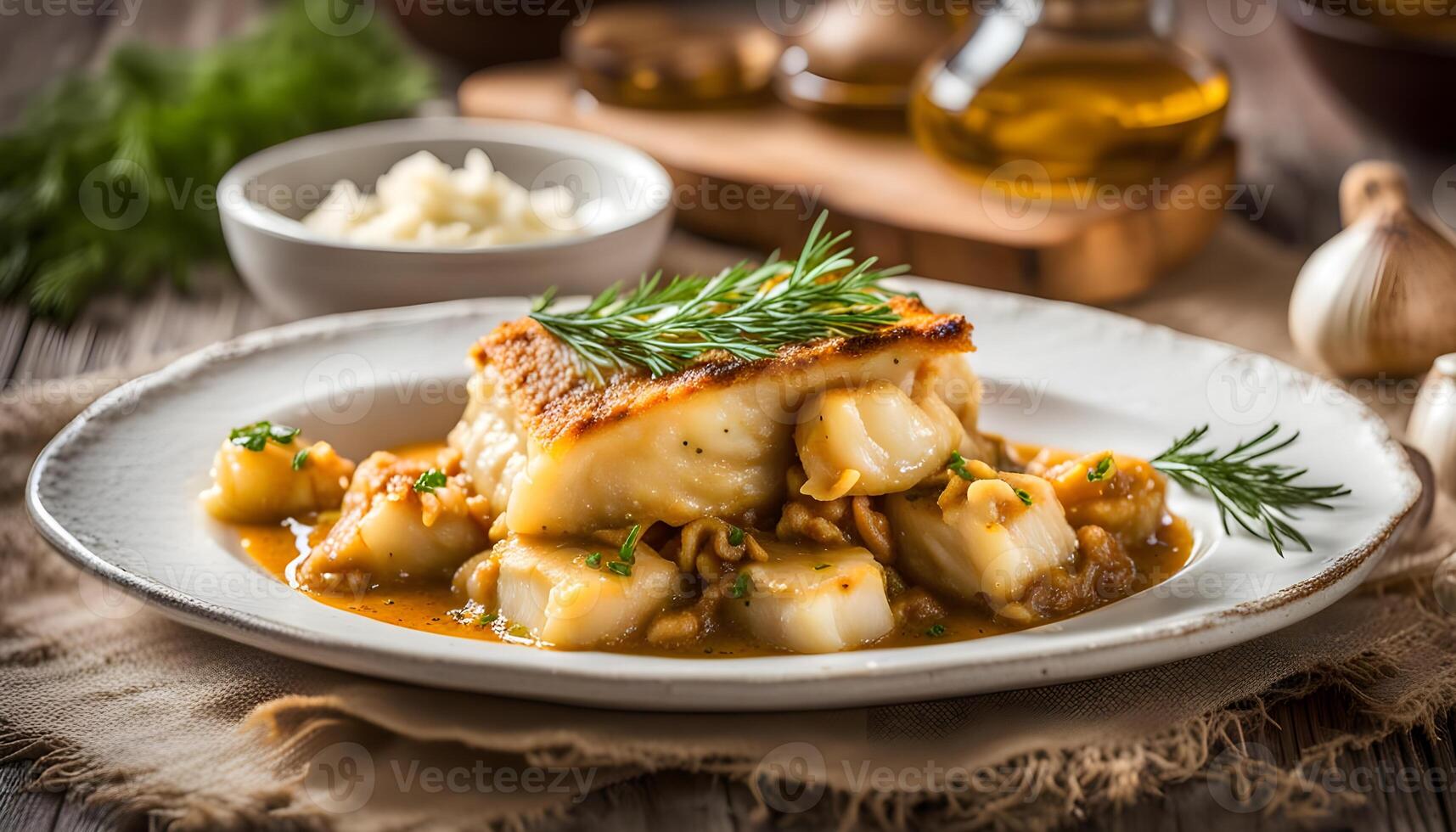 Bacalao al pil pil traditional tapa from north Spain. Codfish cooked with a delicious sauce made with oil, codfish and garlic. photo