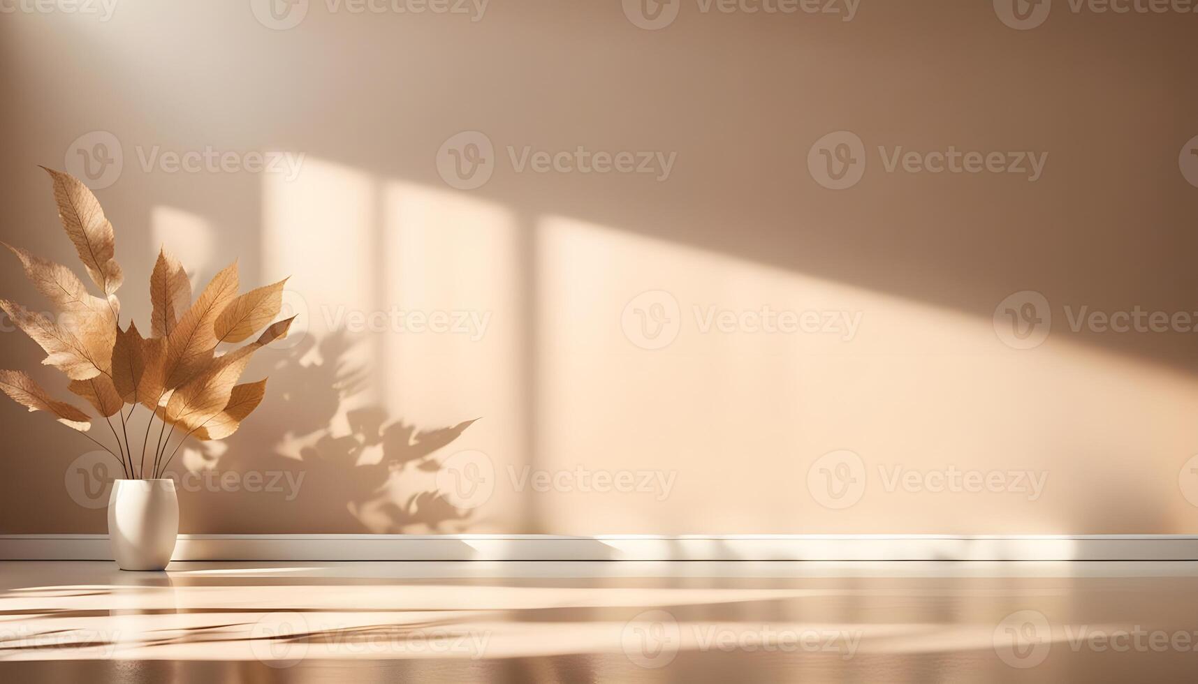Autumn background room studio with sunlight effect shadow on wall and floor. Summer, spring and cosmetic showroom for product presentation. Minimal beige cream brown backdrop. Mock up design. photo