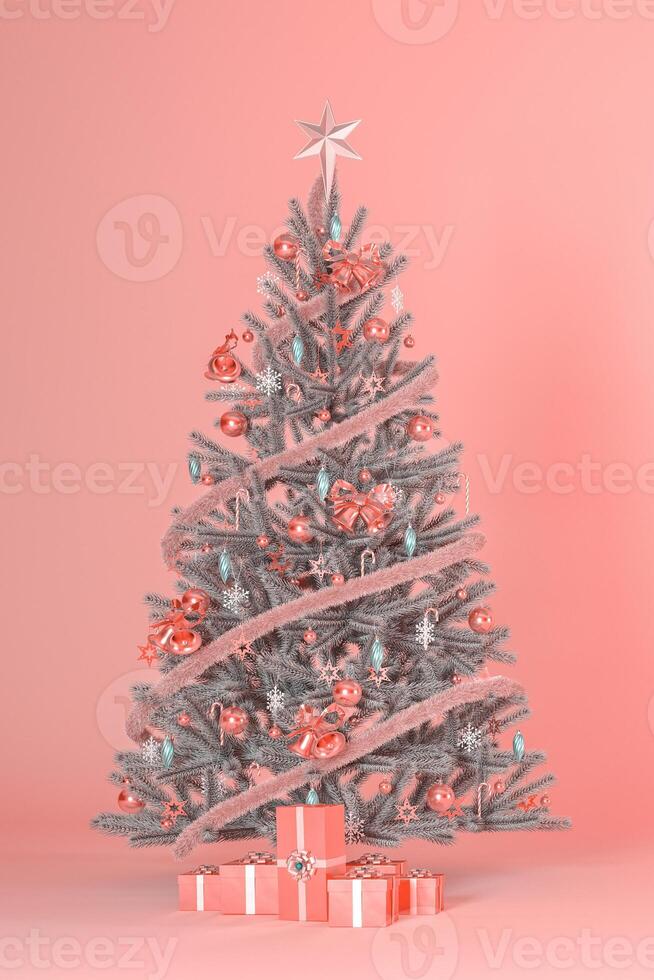Peach fuzz color Christmas tree concept background 3d render. Pastel colour Christmas card design. photo