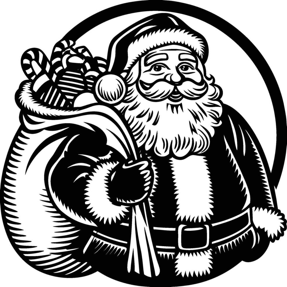 2D line art of Santa claus bringing gift with monochonre color drawing illustration vector