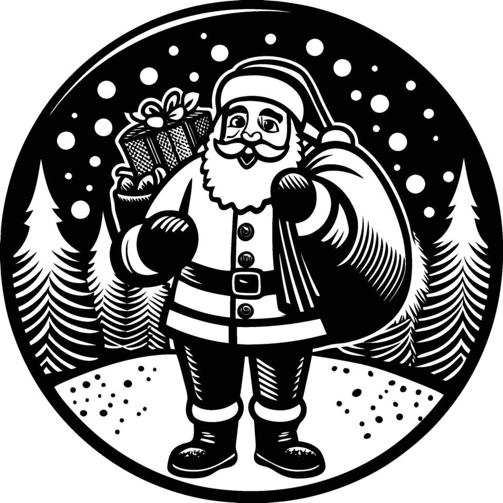 2D line art of circle sticker Santa claus with monochonre color drawing illustration vector