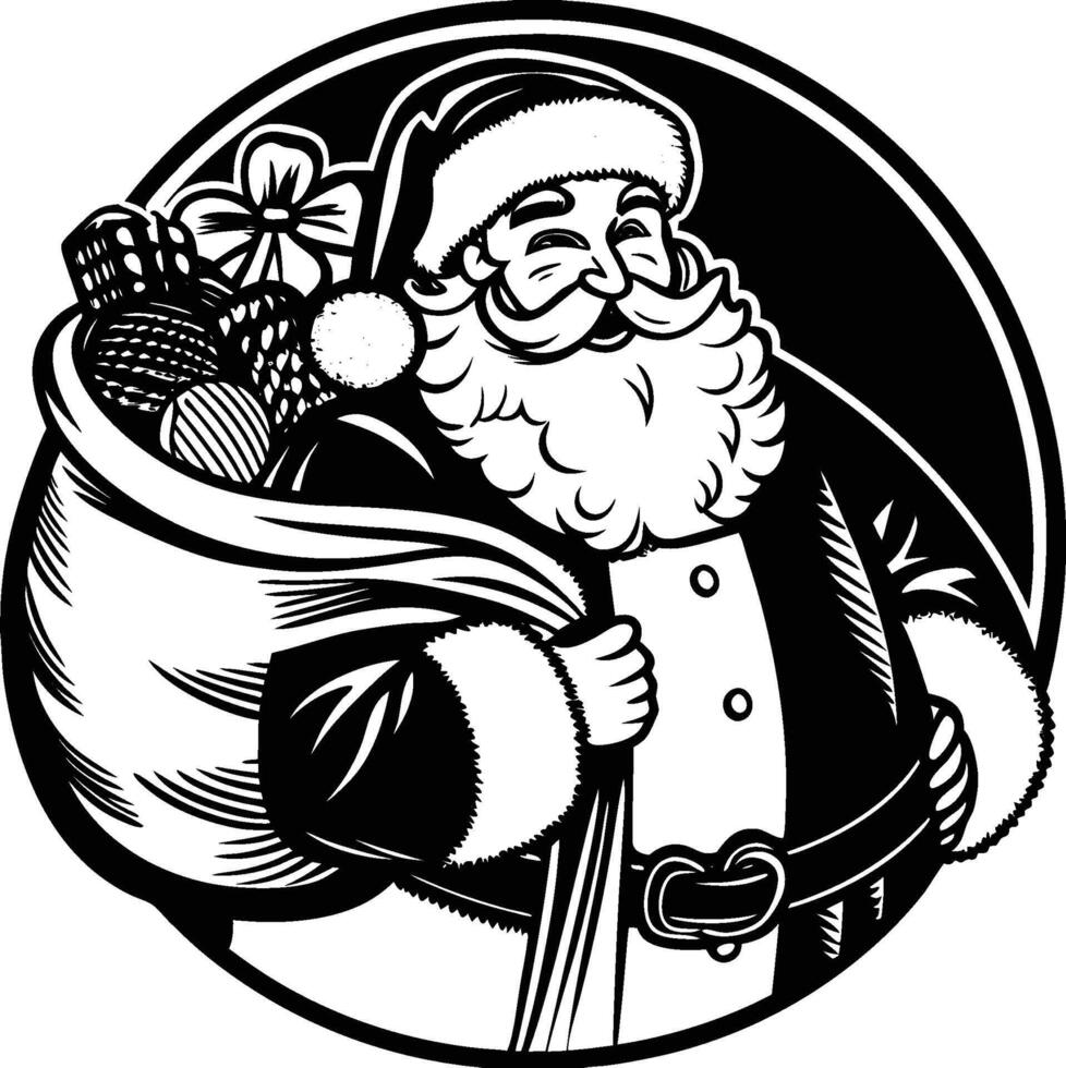 2D Emblem line art of Santa claus with monochonre color drawing illustration vector