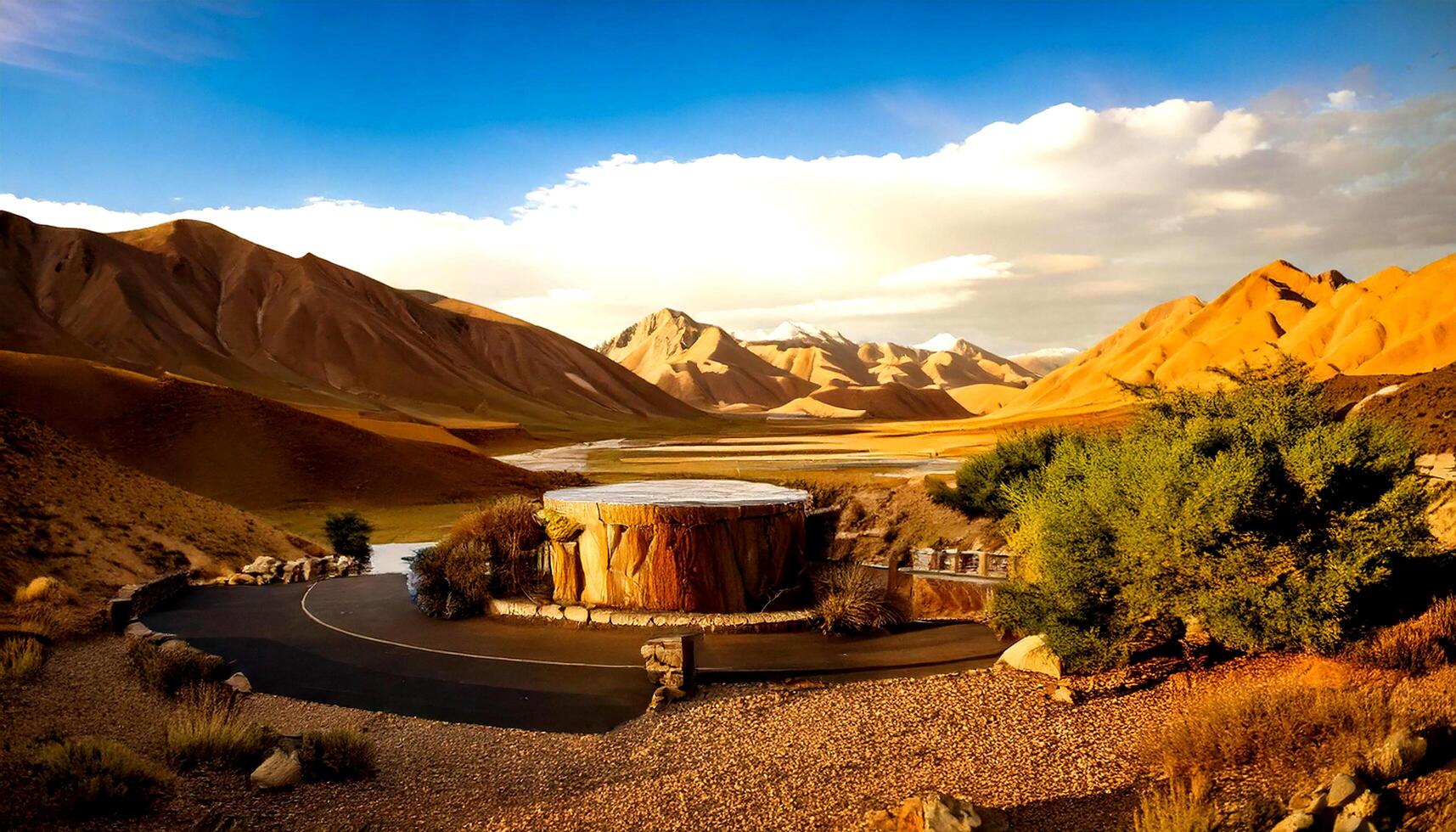 Mountain valley in the Andes with dramatic sunlight photo