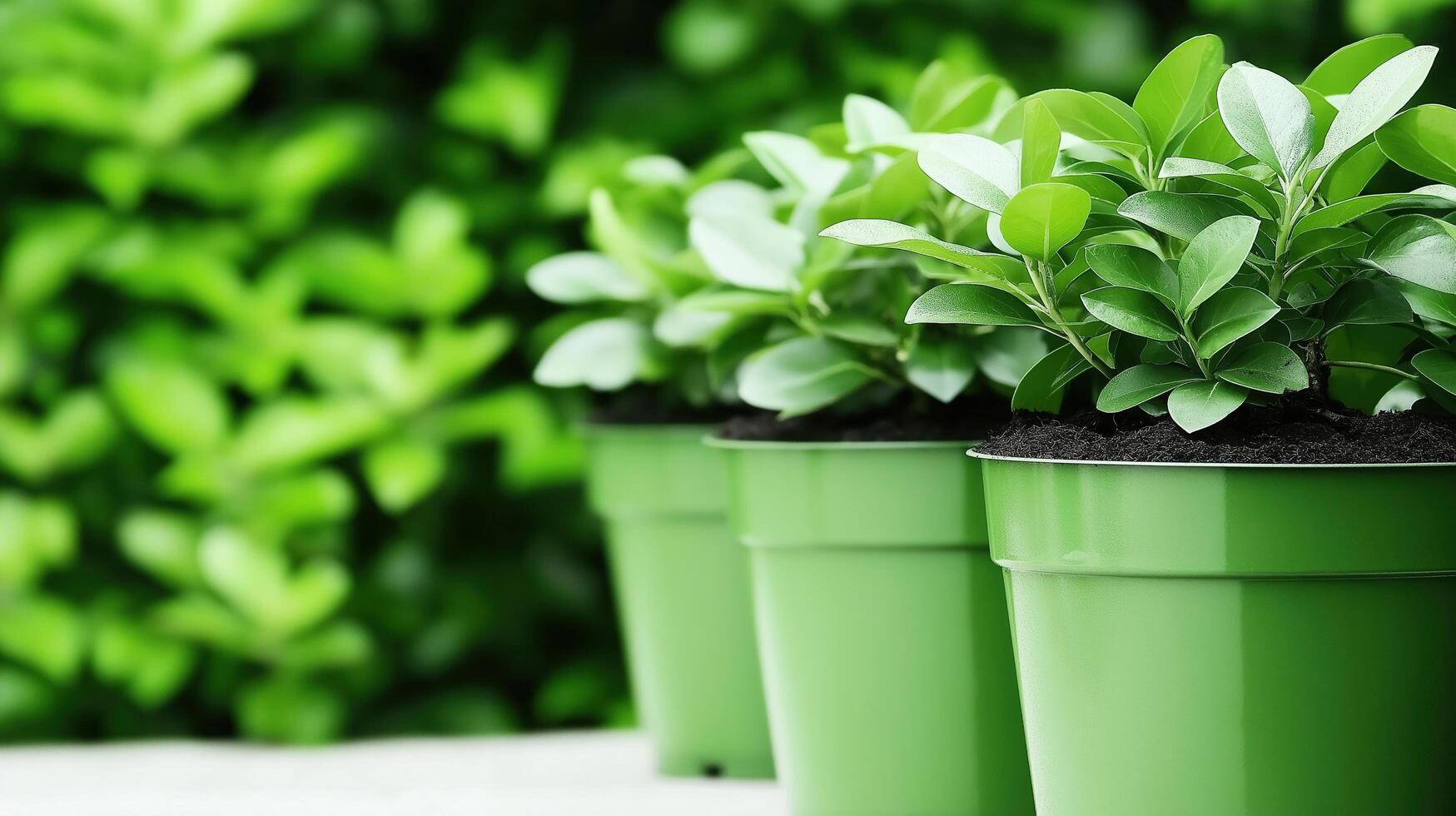 Green potted plants on a garden table with a lush blurred background photo