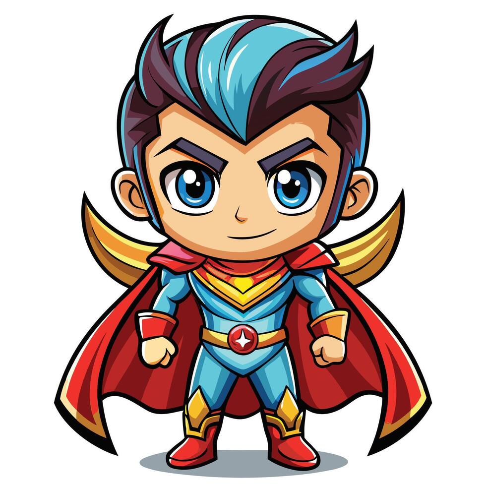 superhero boy in blue costume with red cape and gold wings vector